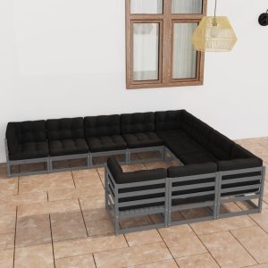 Set Divani Da Giardino 10 Pz Grigio Cuscini Massello Di Pino