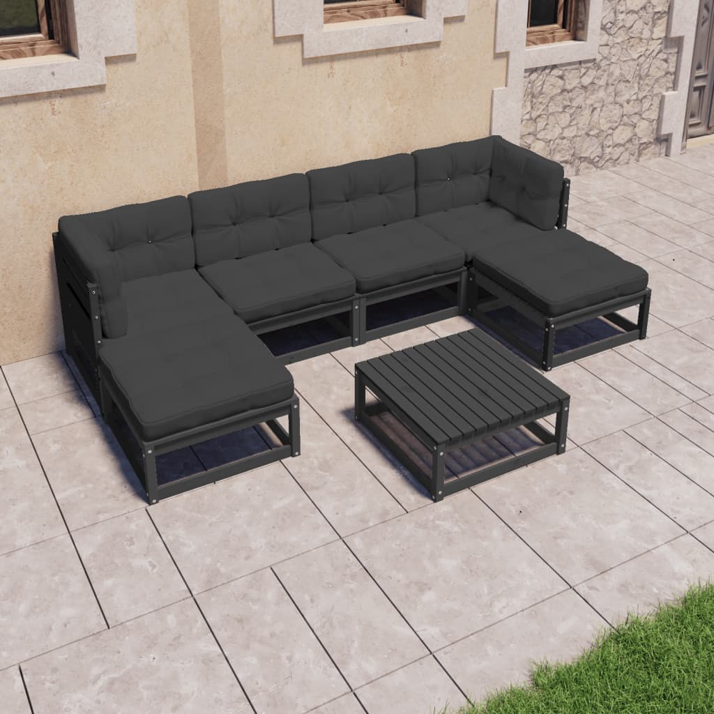 Set Divani Da Giardino 7 Pz Con Cuscini In Pino Massello Nero