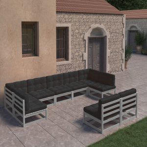 Set Divani Da Giardino 9 Pz Grigio Cuscini Massello Di Pino