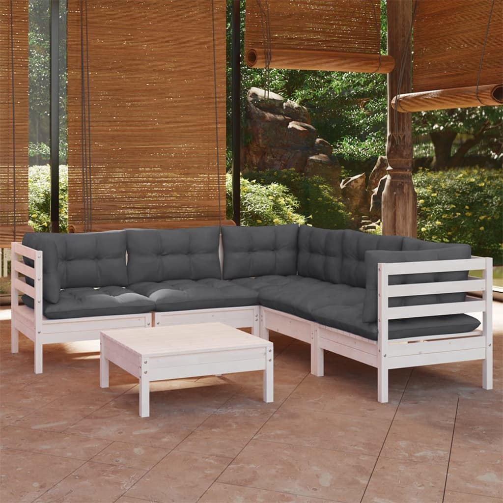 Set Divani Da Giardino 6 Pz Con Cuscini Bianchi Legno Di Pino