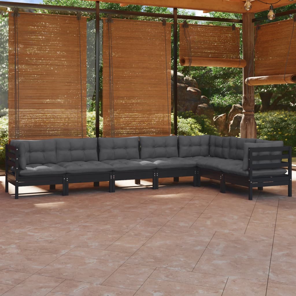 Set Divani Da Giardino 7 Pz Con Cuscini Neri Massello Di Pino