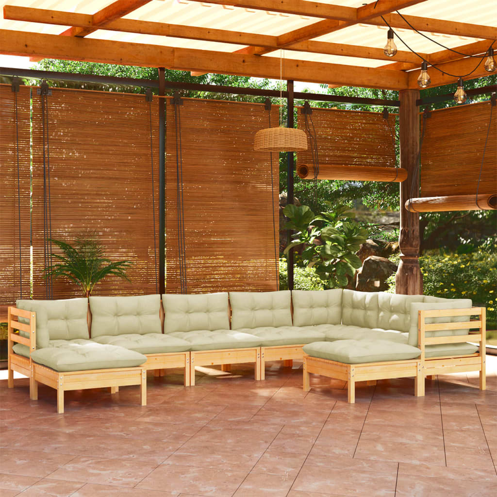 Set Divani Da Giardino 9 Pz Con Cuscini Crema In Massello Di Pino