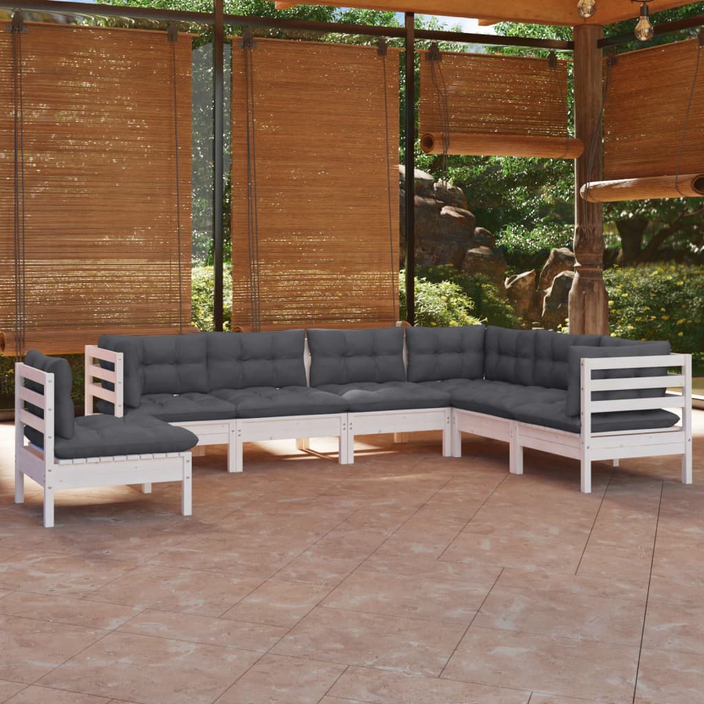 Set Divani Da Giardino 7 Pz Con Cuscini Bianchi Legno Di Pino
