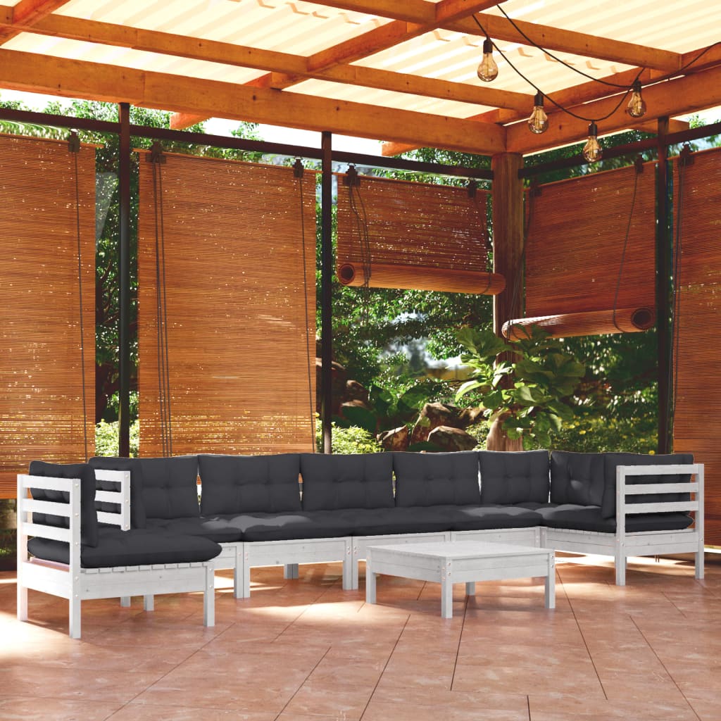 Set Divani Da Giardino 9 Pz Con Cuscini Bianchi Legno Di Pino