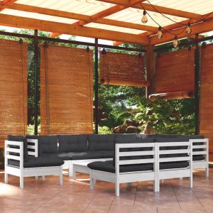 Set Divani Da Giardino 10 Pz Con Cuscini Bianchi Legno Di Pino