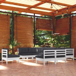 Set Divani Da Giardino 10 Pz Con Cuscini Bianchi Legno Di Pino