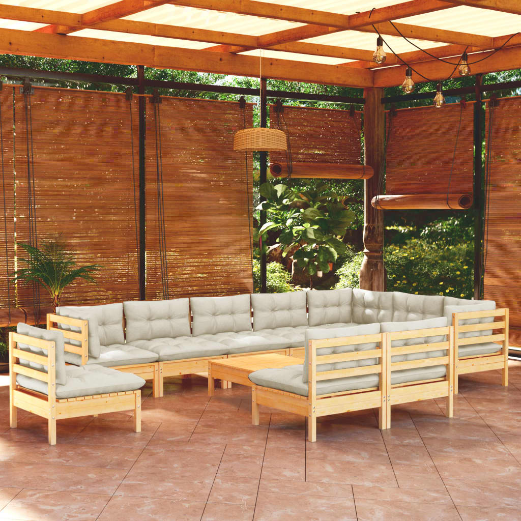 Set Divani Da Giardino 11 Pz Con Cuscini Crema Massello Di Pino