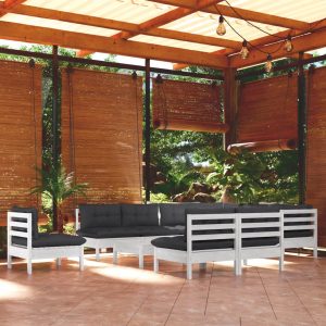 Set Divani Da Giardino 11 Pz Con Cuscini Bianchi Legno Di Pino