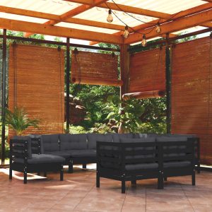 Set Divani Da Giardino 9 Pz Con Cuscini Neri Massello Di Pino