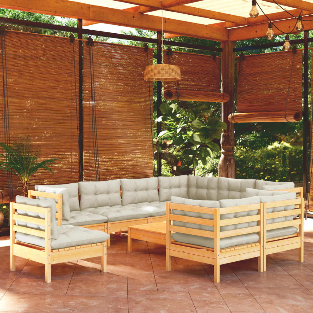 Set Divani Da Giardino 10 Pz Con Cuscini Crema Massello Di Pino
