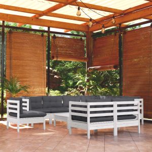 Set Divani Da Giardino 10 Pz Con Cuscini Bianchi Legno Di Pino