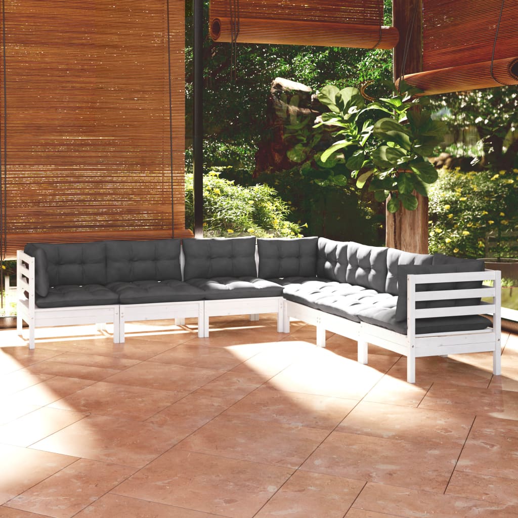 Set Divani Da Giardino 7 Pz Con Cuscini Bianchi Legno Di Pino