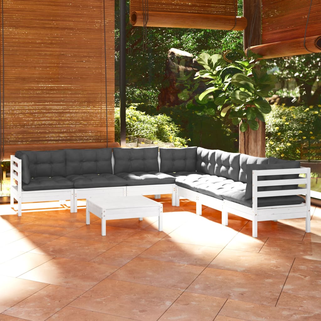Set Divani Da Giardino 8 Pz Con Cuscini Bianchi Legno Di Pino