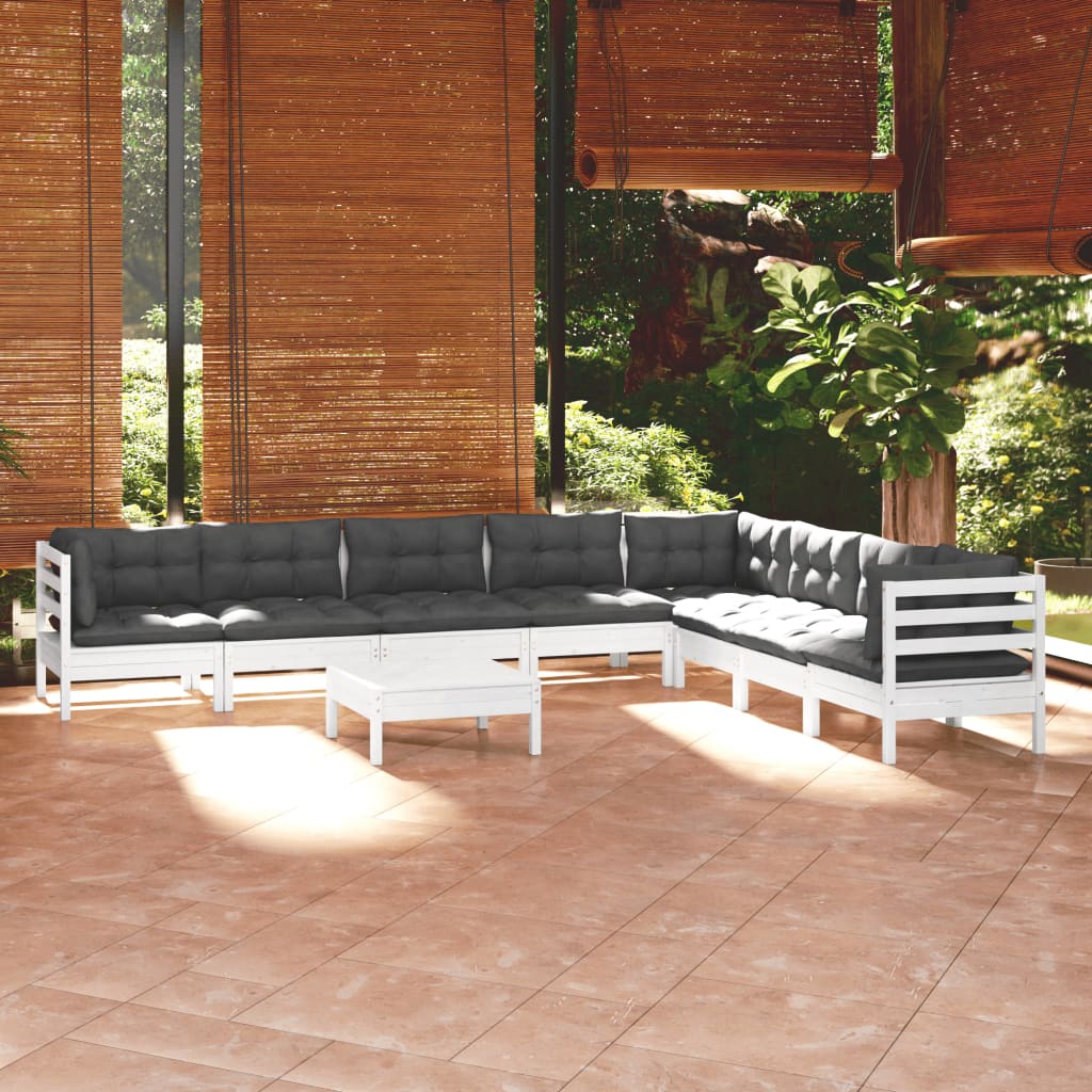 Set Divani Da Giardino 9 Pz Con Cuscini Bianchi Legno Di Pino