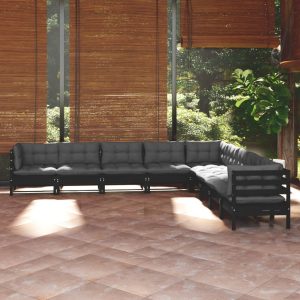 Set Divani Da Giardino 9 Pz Con Cuscini Neri Massello Di Pino