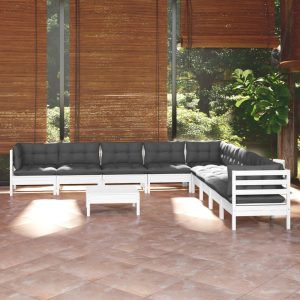 Set Divani Da Giardino 10 Pz Con Cuscini Bianchi Legno Di Pino