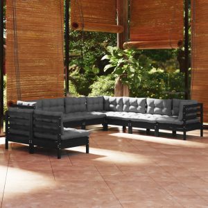 Set Divani Da Giardino 9 Pz Con Cuscini Neri Massello Di Pino