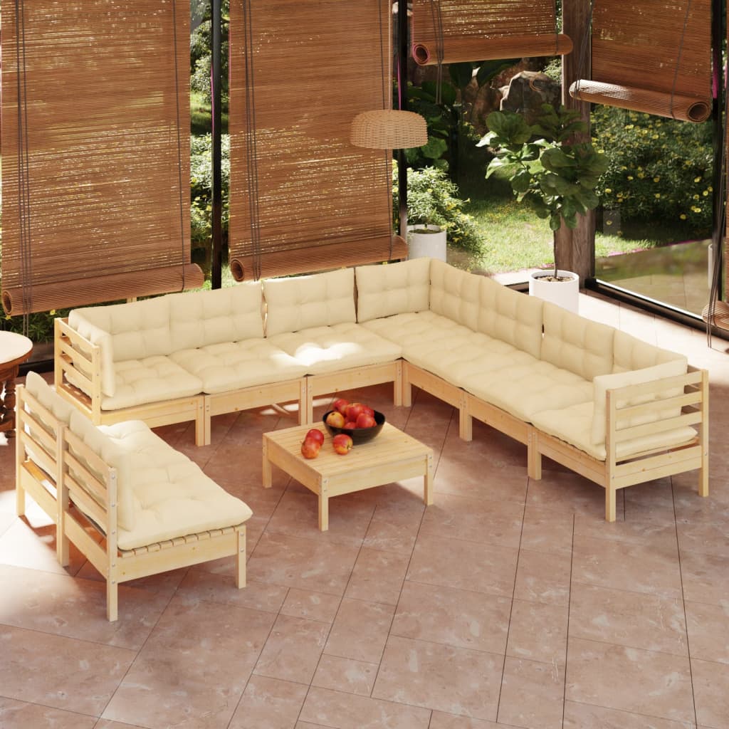 Set Divani Da Giardino 10 Pz Con Cuscini Crema Massello Di Pino