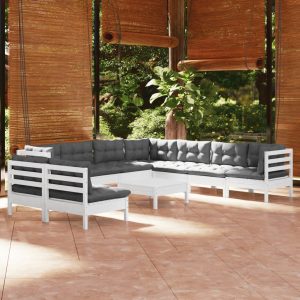 Set Divani Da Giardino 10 Pz Con Cuscini Bianchi Legno Di Pino
