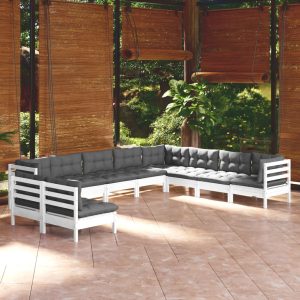 Set Divani Da Giardino 10 Pz Con Cuscini Bianchi Legno Di Pino