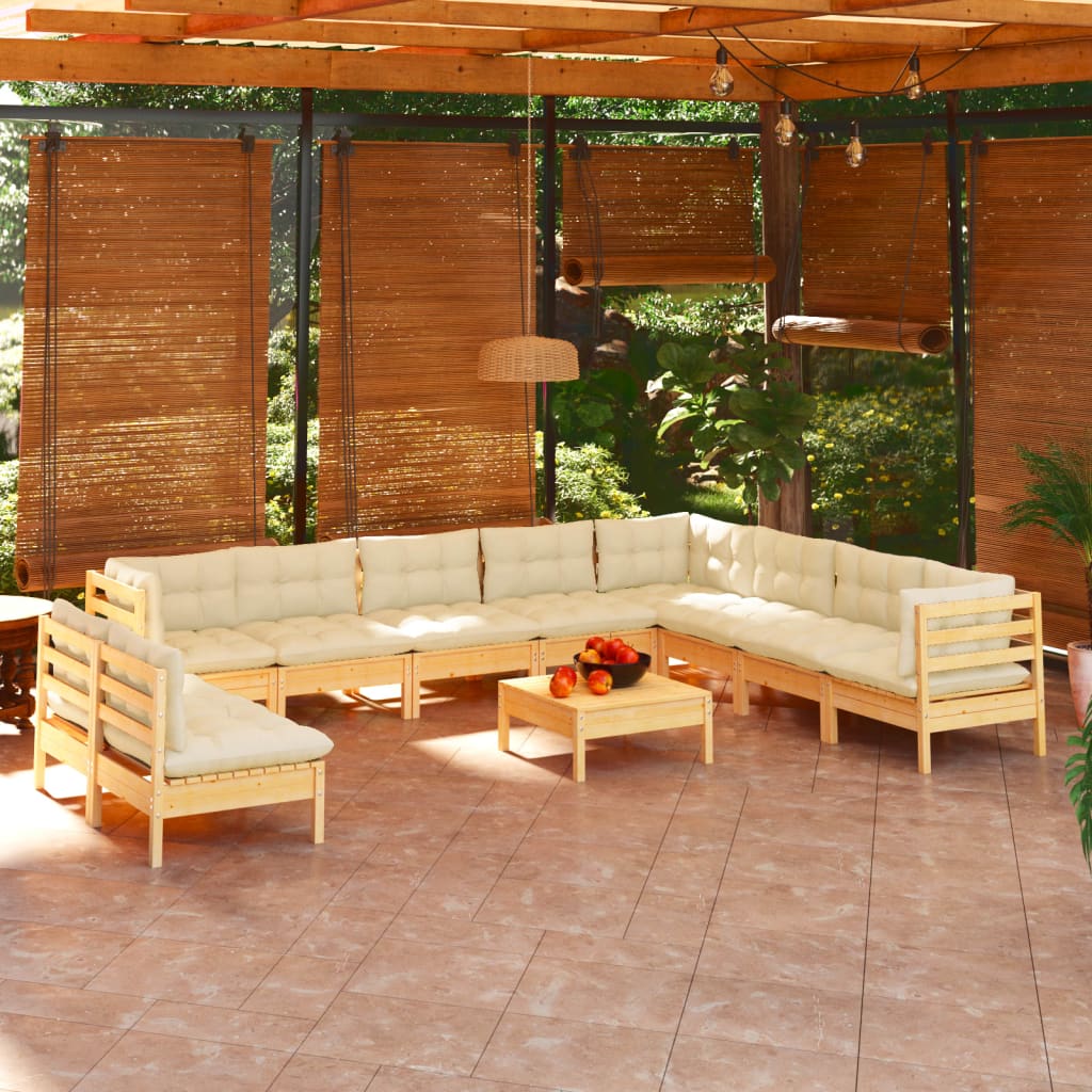 Set Divani Da Giardino 11 Pz Con Cuscini Crema Massello Di Pino