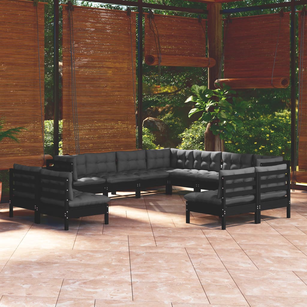 Set Divani Da Giardino 11 Pz Con Cuscini Neri Massello Di Pino