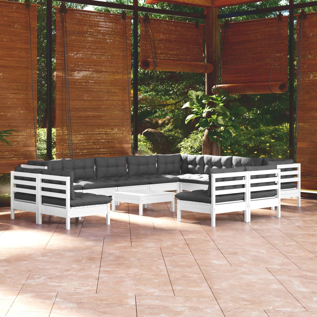 Set Divani Da Giardino 13 Pz Con Cuscini Bianchi Legno Di Pino
