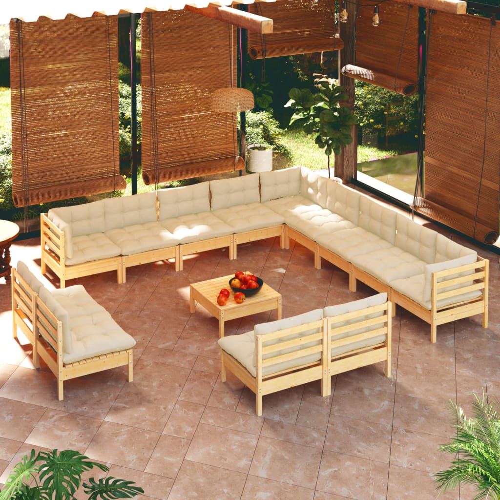 Set Divani Da Giardino 14 Pz Con Cuscini Crema Massello Di Pino