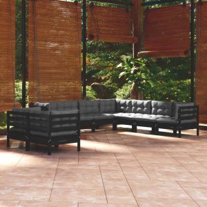 Set Divani Da Giardino 9 Pz Con Cuscini Neri Massello Di Pino