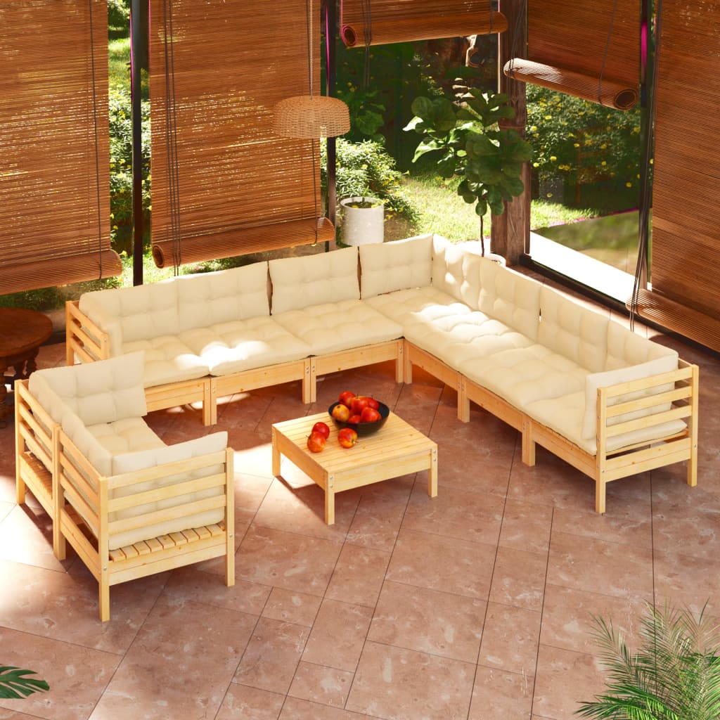 Set Divani Da Giardino 10 Pz Con Cuscini Crema Massello Di Pino