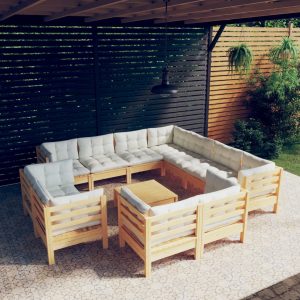 Set Divani Da Giardino 12 Pz Con Cuscini Crema Massello Di Pino