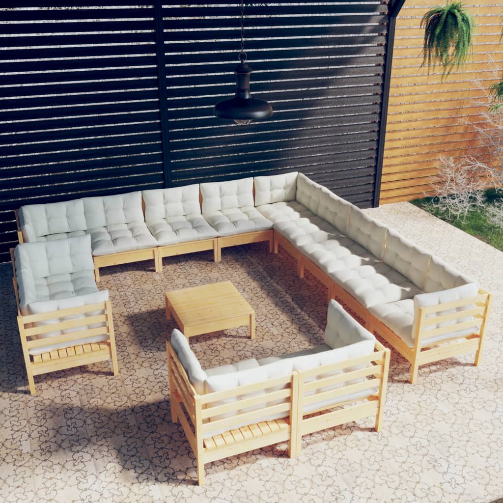 Set Divani Da Giardino 14 Pz Con Cuscini Crema Massello Di Pino