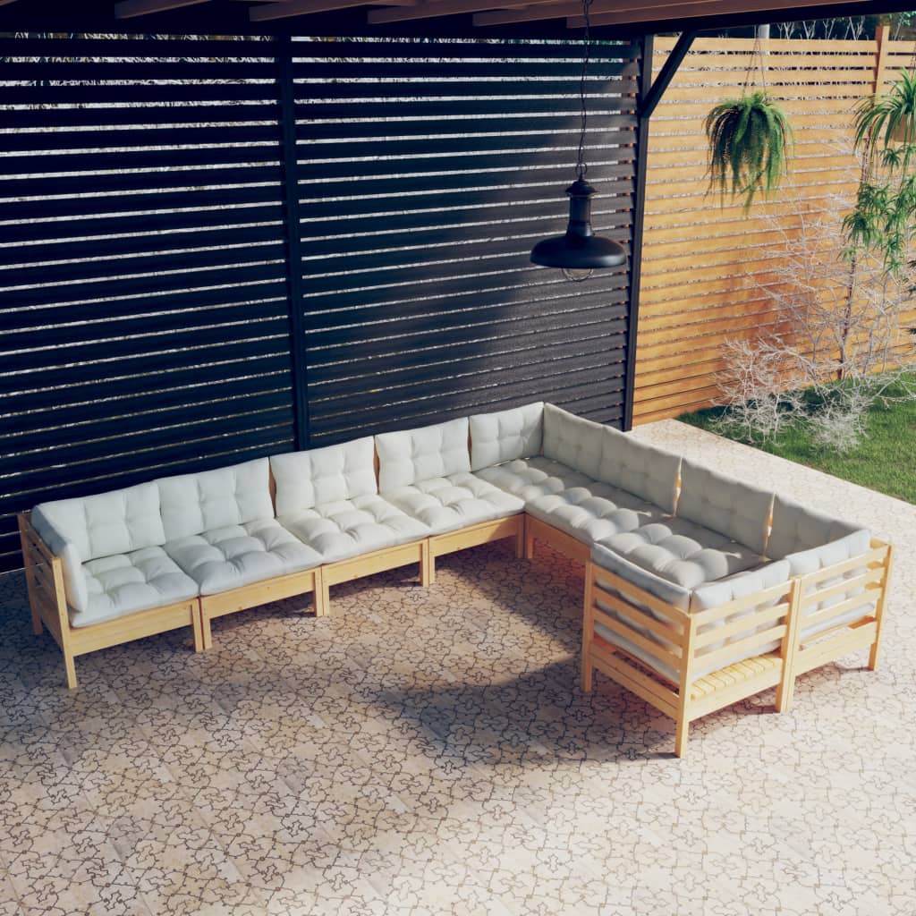 Set Salotto Da Giardino 9 Pz Con Cuscini Crema In Legno Di Pino