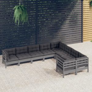 Set Divani Da Giardino 9 Pz Con Cuscini Grigi Massello Di Pino