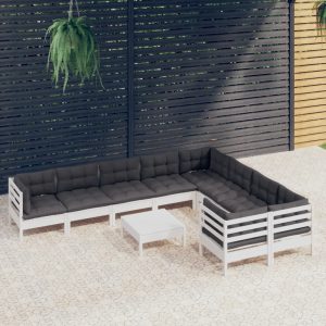 Set Divani Da Giardino 10 Pz Con Cuscini Bianchi Legno Di Pino