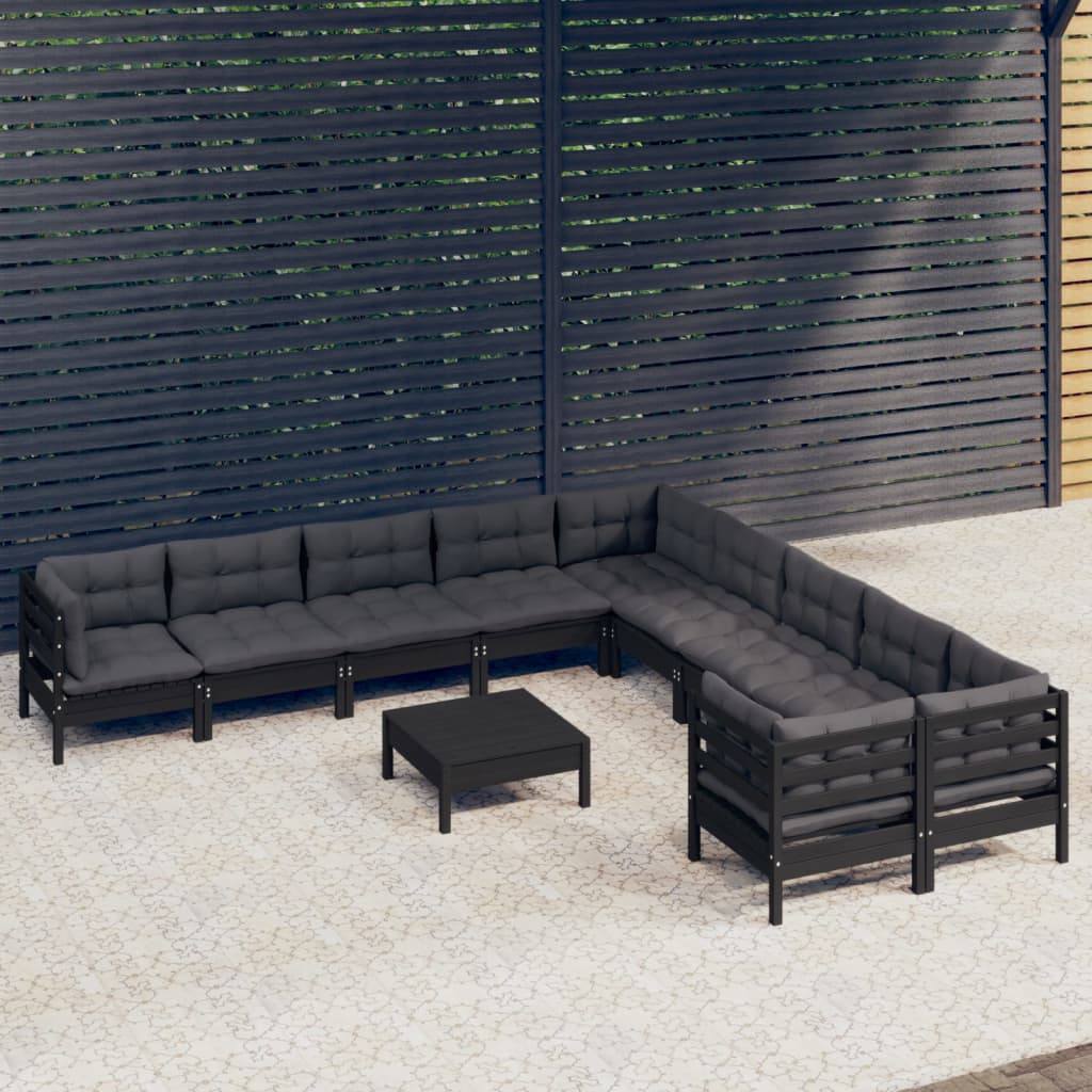 Set Divani Da Giardino 11 Pz Con Cuscini Neri Massello Di Pino