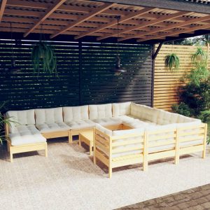 Set Divani Da Giardino 12 Pz Con Cuscini Crema Massello Di Pino