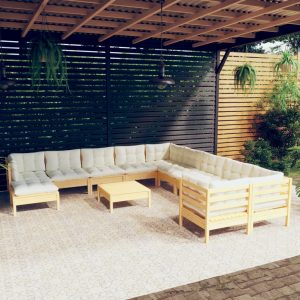 Set Divani Da Giardino 12 Pz Con Cuscini Crema Massello Di Pino