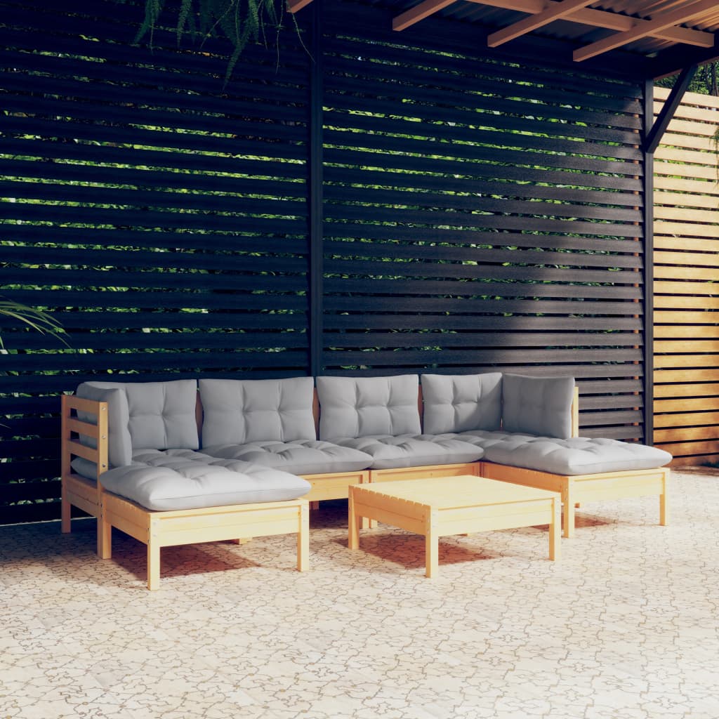 Set Divani Da Giardino 7 Pz Con Cuscini Grigi Massello Di Pino