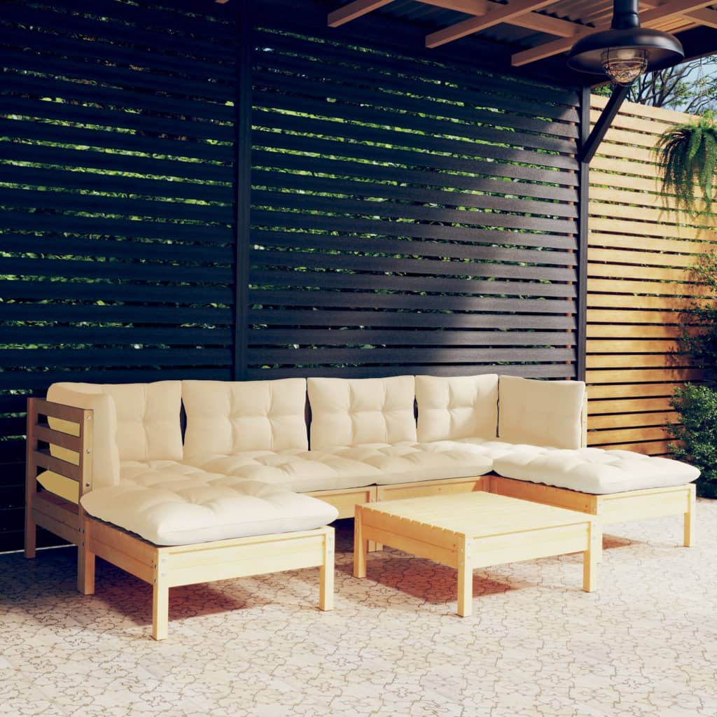 Set Salotto Da Giardino 7pz Con Cuscini Crema In Legno Di Pino