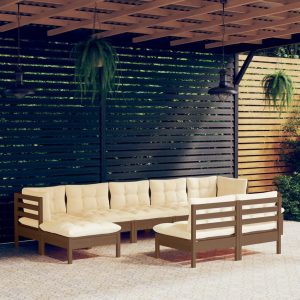 Set Salotto Giardino 9pz Con Cuscini Marrone Ambra Legno Pino