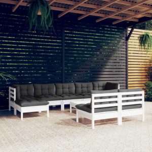 Set Divani Da Giardino 10 Pz Con Cuscini Bianchi Legno Di Pino