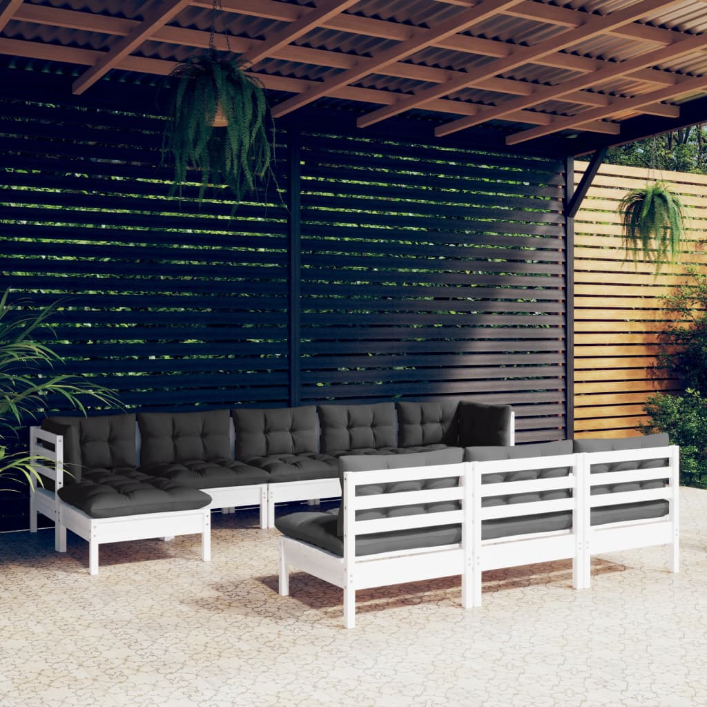 Set Divani Da Giardino 10 Pz Con Cuscini Bianchi Legno Di Pino