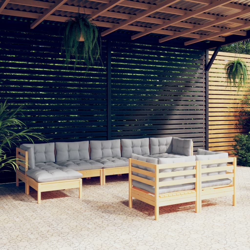 Set Divani Da Giardino 9 Pz Con Cuscini Grigi Massello Di Pino