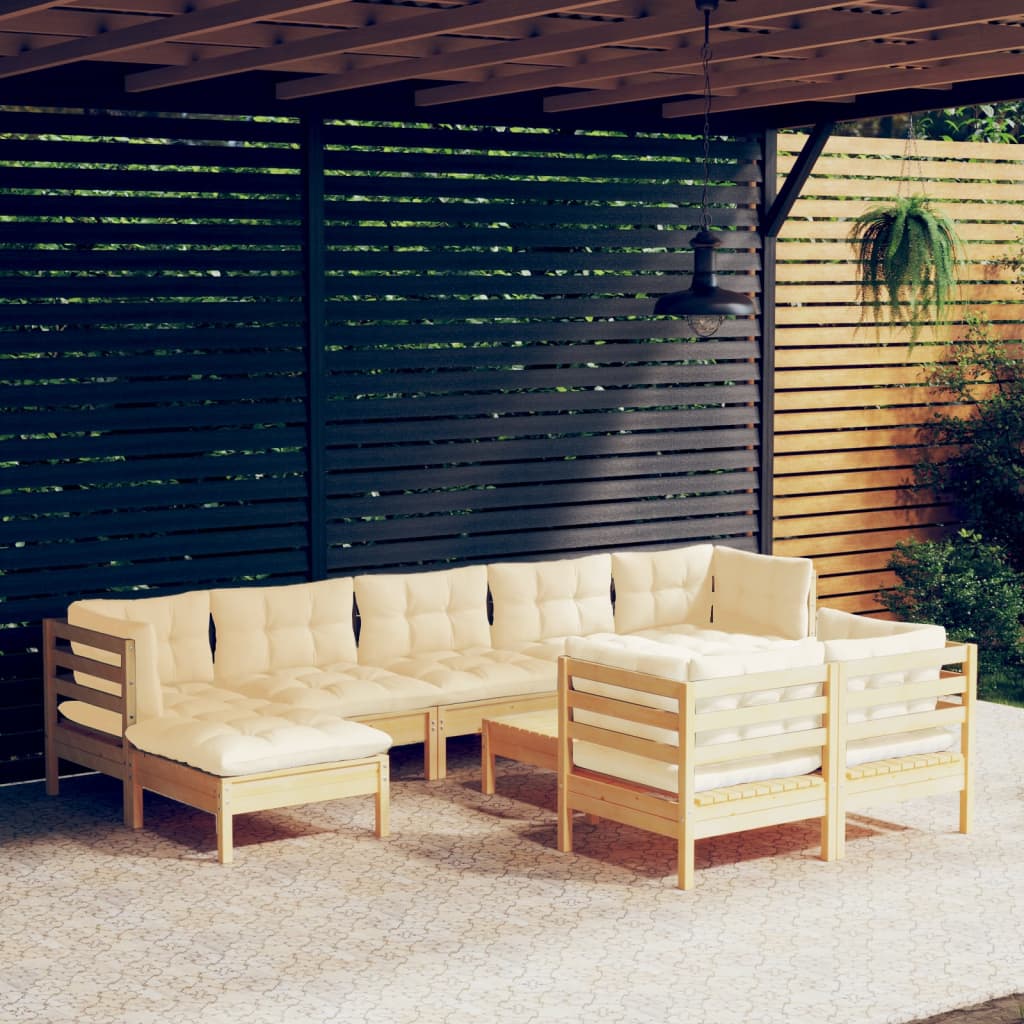 Set Divani Da Giardino 10 Pz Con Cuscini Crema Massello Di Pino