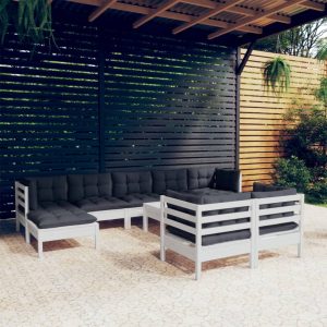 Set Divani Da Giardino 10 Pz Con Cuscini Bianchi Legno Di Pino