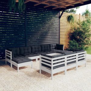 Set Divani Da Giardino 10 Pz Con Cuscini Bianchi Legno Di Pino