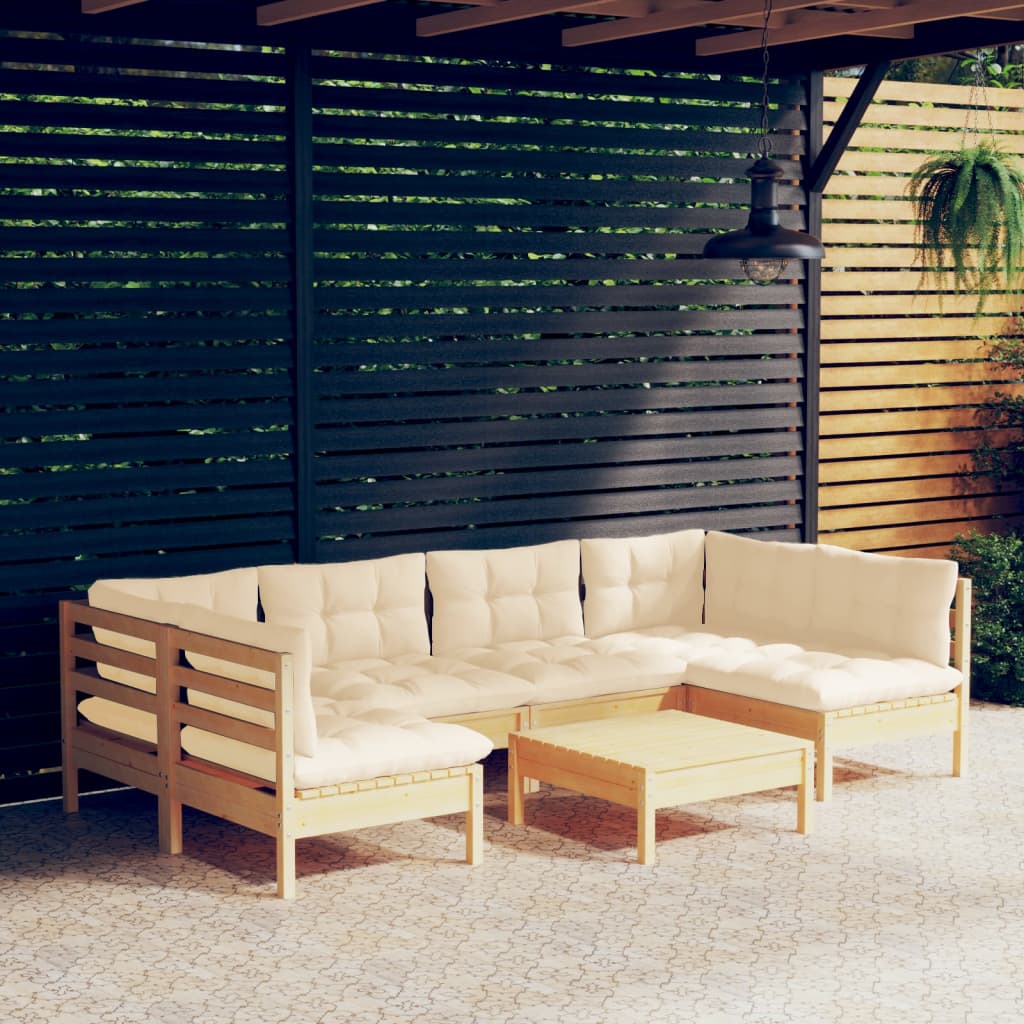 Set Divani Da Giardino 7 Pz Con Cuscini Crema In Massello Di Pino