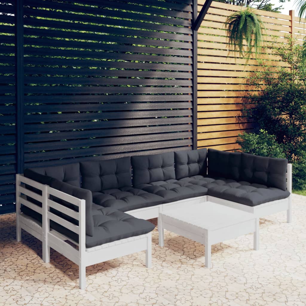 Set Divani Da Giardino 7 Pz Con Cuscini Bianchi Legno Di Pino
