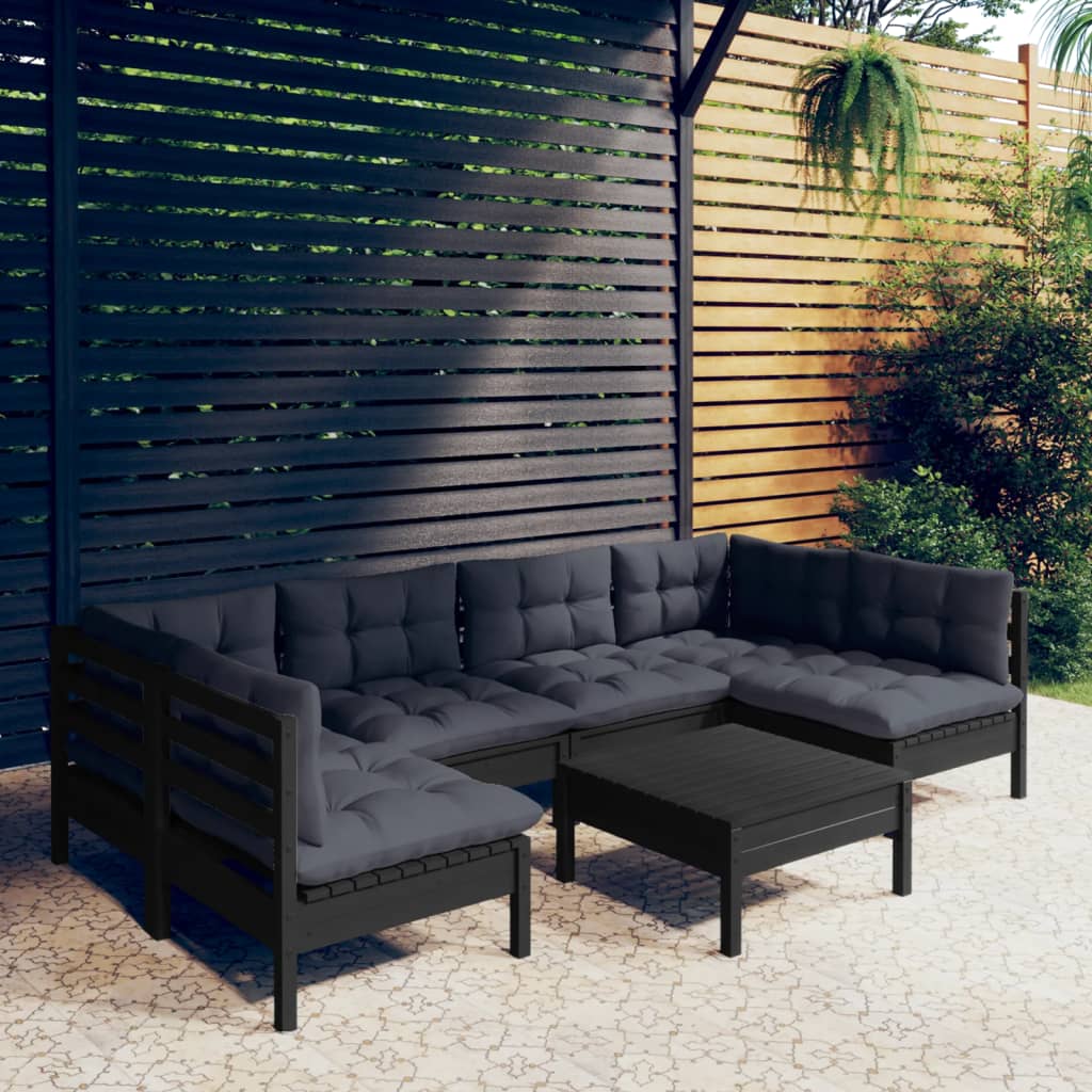 Set Divani Da Giardino 7 Pz Con Cuscini Neri In Legno Di Pino